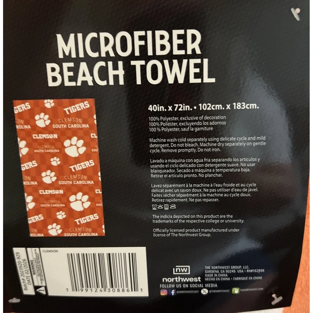 New Northwest NCAA Clemson Tigers Microfiber Beach Towel 40